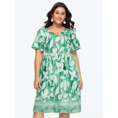 Bloomchic Women's Plus Size Leaf Print Neck-tie Flowy Midi Dress Mint Botanical Maxi Vacation 10/m In Green