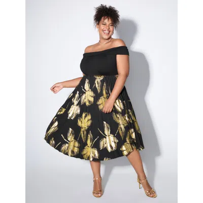 Bloomchic Women's Plus Size Leaf Print Pleated Off-shoulder Midi Dress Black Floral Midi Party 28/5x