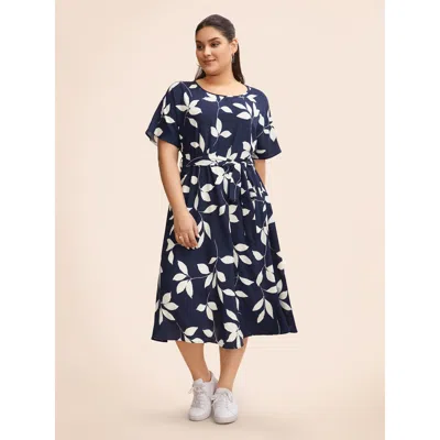 Bloomchic Women's Plus Size Leaf Print Pocket Belted Dress Darkblue Ditsy Floral Midi Dailywear Lace-up 30/6x In Blue