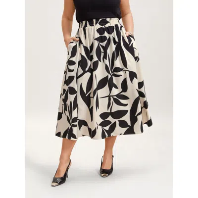 Bloomchic Women's Plus Size Leaf Print Stretchy-waist Midi Skirt Apricot Colorblock A-line Elegant 30/6x In Orange