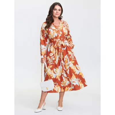 Bloomchic Women's Plus Size Leaf Print Waist-defining Ruffled Neck Midi Dress Coral Ethnic Floral Midi Elegant In Orange