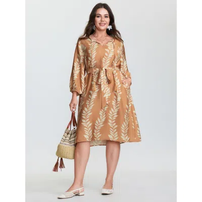 Bloomchic Women's Plus Size Leaf Print Waist-tie Round Neck Mini Dress Brightorange Botanical Mini Vacation La