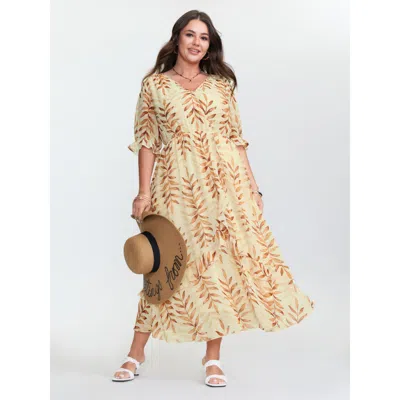 Bloomchic Women's Plus Size Leaf Print Wrap Neckline Ruffled Maxi Dress Multicolor Botanical Midi Vacation Smo