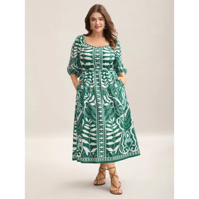 Bloomchic Women's Plus Size Leafy Print Puff Sleeve Pockets Midi Dress Emerald Geometric Maxi Vacation 30/6x In Green