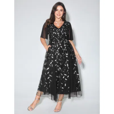 Bloomchic Women's Plus Size Leafy Print Sheer Sleeve V-neck Maxi Dress Blackflower Synthetic Texture Maxi Part