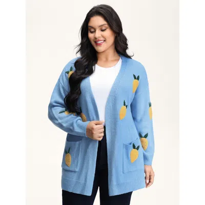 Bloomchic Women's Plus Size Lemon Embroidery V-neck Pockets Knit Cardigan Lightblue Long Sleeve 10/m In Blue