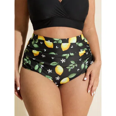 Bloomchic Women's Plus Size Lemon Print Pleated Tummy-control Bikini Bottoms Black Fruit Cropped Ruched Elasti
