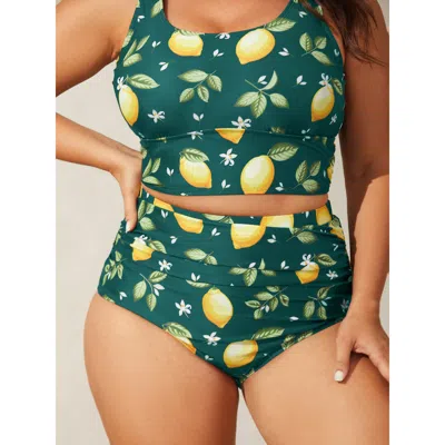 Bloomchic Women's Plus Size Lemon Print Pleated Tummy-control Bikini Bottoms Darkgreen Fruit Cropped Ruched El In Green