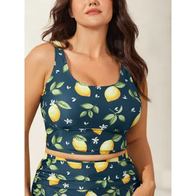 Bloomchic Women's Plus Size Lemon Print Scoop Neck Bikini Top Aegean Fruit Sleeveless Non 22-24/3x In Blue