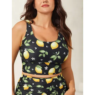 Bloomchic Women's Plus Size Lemon Print Scoop Neck Bikini Top Black Fruit Sleeveless Non 10/m
