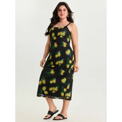 Bloomchic Women's Plus Size Lemon Print Stretchy Mesh Knit Midi Dress Blackflower Vacation Midi Non U-neck 22-