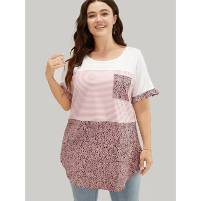 Bloomchic Women's Plus Size Leopard & Striped Contrast Ruffle Sleeve Pocket T-shirt Rouge Dailywear Short Slee In Red