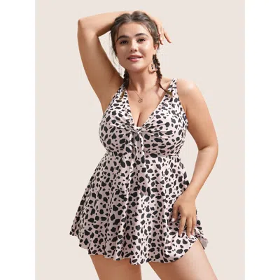 Bloomchic Women's Plus Size Leopard Bowknot Front Waistline Inside Swim Top Apricot Animal Motif Non Adaptive- In Orange