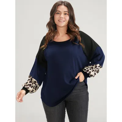 Bloomchic Women's Plus Size Leopard Colorblock Contrast Round Neck Sweatshirt Darkblue Leopard Dailywear 12/l In Blue