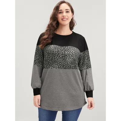 Bloomchic Women's Plus Size Leopard Contrast Drop Shoulder Sweatshirt Dimgray Leopard Dailywear 10/m