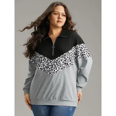 Bloomchic Women's Plus Size Leopard Contrast Patchwork Half Zip Sweatshirt Black Leopard Everyday 14-16/1x