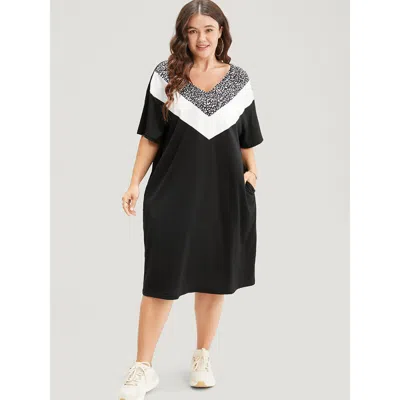 Bloomchic Women's Plus Size Leopard Contrast Pocket Arc Hem Dress Black Dailywear Colorblock 10/m