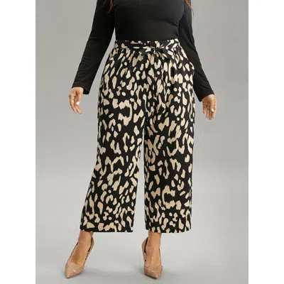 Bloomchic Women's Plus Size Leopard Elastic Waist Ties Wide Leg Pants Black High Rise Dailywear 10/m