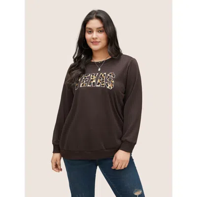 Bloomchic Women's Plus Size Leopard Embroidered Patch Rib Knit Sweatshirt Darkbrown Area Everyday 10/m In Brown