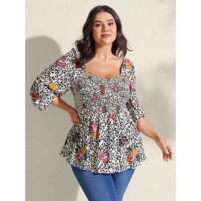 Bloomchic Women's Plus Size Leopard Floral Print Shirred Blouse Apricot Animal Motif Elegant Sleeveless 18-20/ In Orange