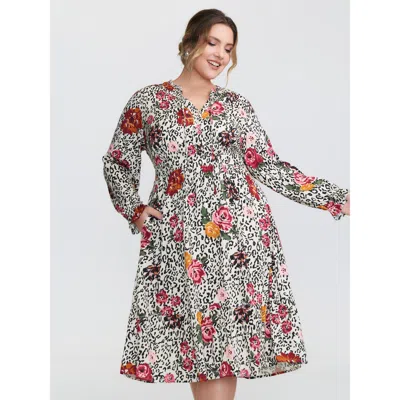 Bloomchic Women's Plus Size Leopard Floral Print Shirred Waist Midi Dress Apricot Leopard Midi Elegant Smocked In Orange
