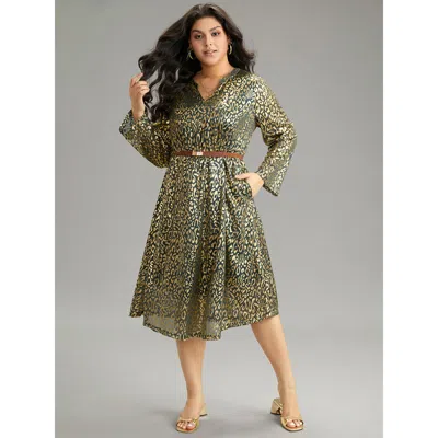 Bloomchic Women's Plus Size Leopard Glitter Pocket Elastic Waist Dress Darkgreen Dailywear Printed 30/6x In Green