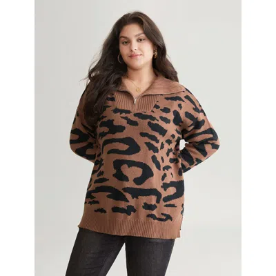 Bloomchic Women's Plus Size Leopard Graphic Half Zip Polo Knit Pullover Rust Graphic Long Sleeve 22-24/3x In Brown