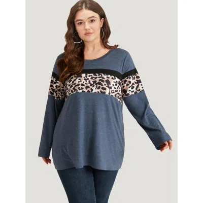 Bloomchic Women's Plus Size Leopard Heather Patchwork Crew Neck T-shirt Blue Dailywear Long Sleeve 12/l