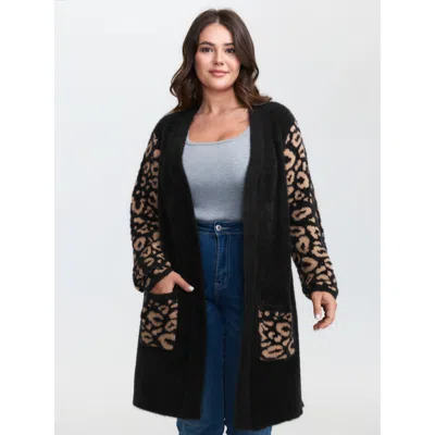 Bloomchic Women's Plus Size Leopard Jacquard Furry Open-front Knit Cardigan Black Long Sleeve 22-24/3x