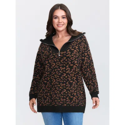 Bloomchic Women's Plus Size Leopard Jacquard Print Polo Collar Knit Cardigan Black Long Sleeve 22-24/3x