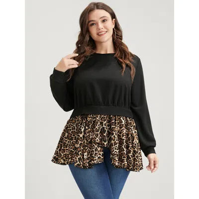 Bloomchic Women's Plus Size Leopard Patchwork Asymmetrical Hem Sweatshirt Black Leopard Dailywear 10/m