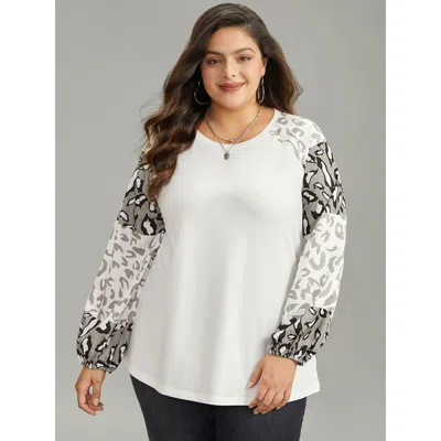 Bloomchic Women's Plus Size Leopard Patchwork Contrast Lantern Sleeve Sweatshirt White Dailywear Long Sleeve 1