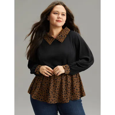 Bloomchic Women's Plus Size Leopard Patchwork Elastic Waist Blouse Black Dailywear Long Sleeve 14-16/1x
