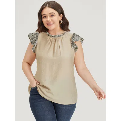 Bloomchic Women's Plus Size Leopard Patchwork Halter Frill Trim Flutter Sleeve Blouse Apricot Dailywear Cap Sl In Orange