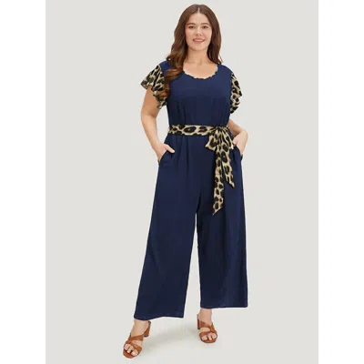 Bloomchic Women's Plus Size Leopard Patchwork Pocket Belted Ruffle Sleeve Jumpsuit Darkblue Office 30/6x In Blue