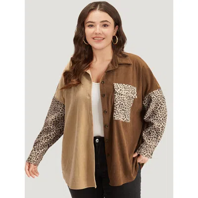 Bloomchic Women's Plus Size Leopard Patchwork Pocket Contrast Button Through Coat Darkbrown Texture 12/l In Brown