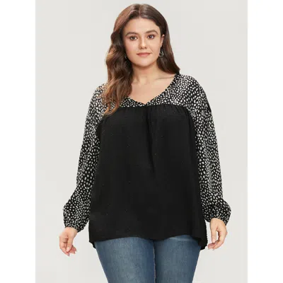 Bloomchic Women's Plus Size Leopard Patchwork Raglan Sleeve V Neck Blouse Black Leopard Dailywear Long Sleeve 