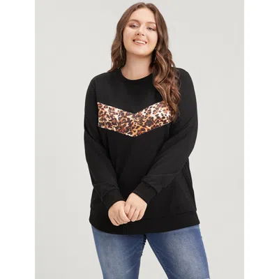 Bloomchic Women's Plus Size Leopard Patchwork Round Neck Drop Shoulder Sweatshirt Black Leopard Dailywear 10/m