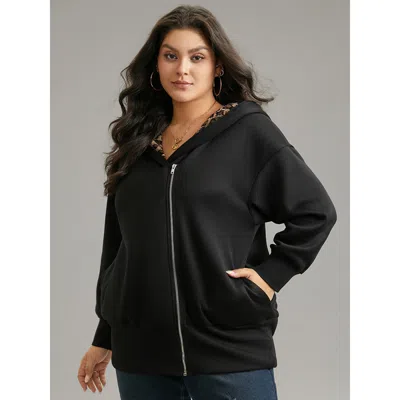 Bloomchic Women's Plus Size Leopard Patchwork Zipper Hooded Jacket Black Colorblock 10/m