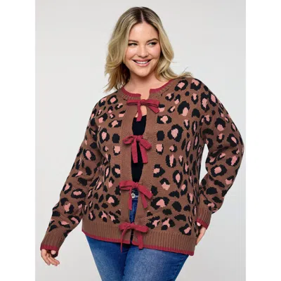 Bloomchic Women's Plus Size Leopard Pattern Color Contrast Bow Knit Cardigan Browncoffeecolor Long Sleeve 12/l