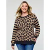 Bloomchic Women's Plus Size Leopard Pattern Jacquard Stripe Pullover Lightbrown Long Sleeve 14-16/1x In Brown