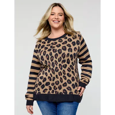 Bloomchic Women's Plus Size Leopard Pattern Jacquard Stripe Pullover Lightbrown Long Sleeve 14-16/1x In Brown