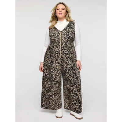 Bloomchic Women's Plus Size Leopard Pattern Zipper-front Shirred Jumpsuit Lightbrown Casual 12/l In Brown