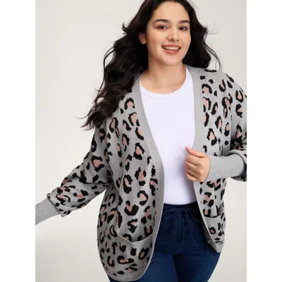 Bloomchic Women's Plus Size Leopard Print Arc Hem Pockets Knit Cardigan Darkgray Long Sleeve 18-20/2x In Gray
