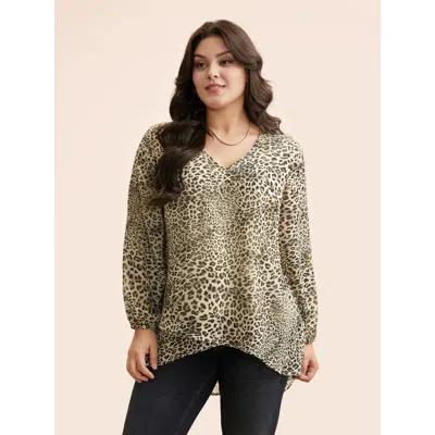 Bloomchic Women's Plus Size Leopard Print Asymmetrical Hem Lantern Sleeve Blouse Tan Animal Motif Everyday Lon In Brown