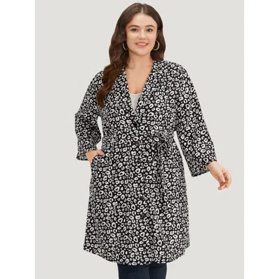 Bloomchic Women's Plus Size Leopard Print Belted Suit Collar Button Up Kimono Black Belted Pocket 10/m