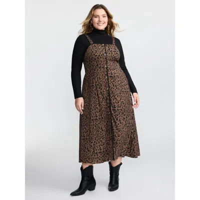 Bloomchic Women's Plus Size Leopard Print Button Wide Strap Midi Dress Browncoffeecolor Animal Motif Midi Casu