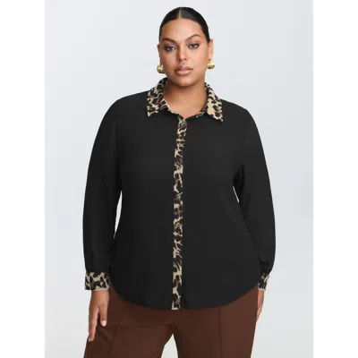 Bloomchic Women's Plus Size Leopard Print Chiffon Button-down Blouse Black Leopard Office Long Sleeve Collared