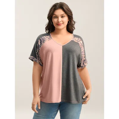 Bloomchic Women's Plus Size Leopard Print Color Contrast T-shirt Multicolor Leopard Casual Short Sleeve V-neck