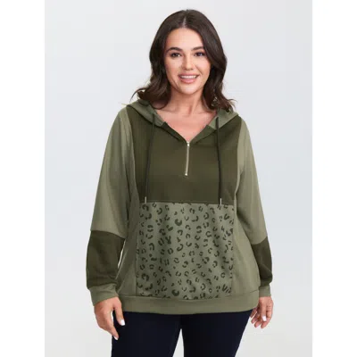Bloomchic Women's Plus Size Leopard Print Colorblock Hoodie Armygreen Casual 10/m